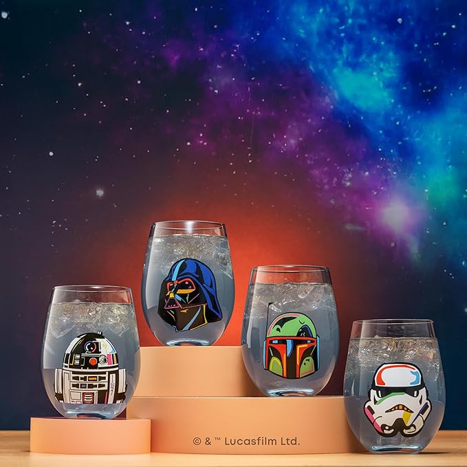 JoyJolt Star Wars Cosmic Color Stemless Drinking Glasses, 19oz Glass Cups ft Darth Vader, Stormtrooper, Boba Fett, R2-D2 - Star Wars Kitchen Glasses Set of 4, Gifts for Men, Women & Adults