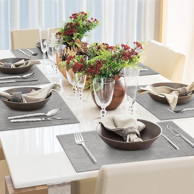 Faux Leather Placemats Set of 4 Washable PU Table mats for Kitchen Table - Heat Resistant, Waterproof, Easy Clean, Anti Slip 11.8" x 17" (Light Grey-4 Pack)