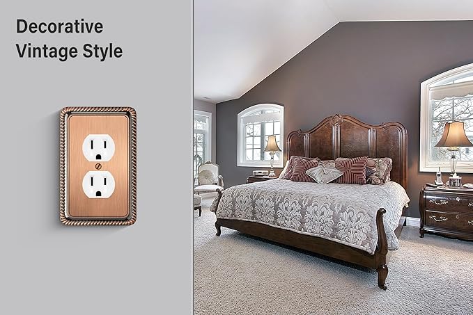 Henne Bery Rope Edge Decorative Wall Plate Switch Plate Outlet Cover (Single Duplex, 3 Pack, Antique Copper)