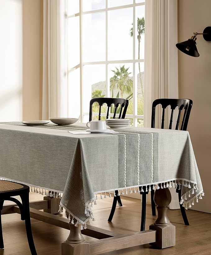 ZeeMart Contrast Linen Table Cloth Rectangle Table Cloths 60x104 Inch Grey, Farmhouse Style Heavy Weight Grey Tablecloth, Water Resistant Burlap Tablecloths