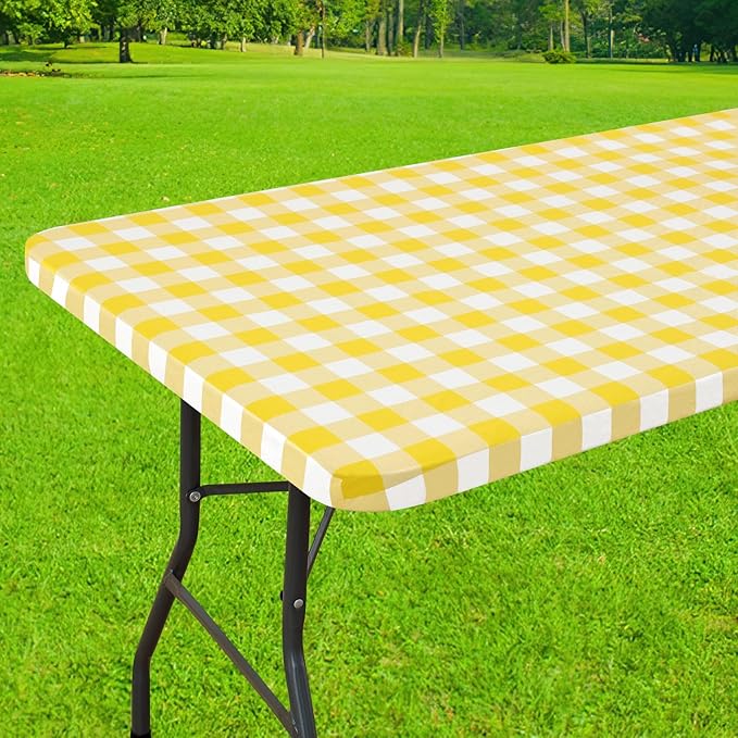 Smiry Rectangle Picnic Table Cloth, Elastic Waterproof Fitted Vinyl Tablecloths, Flannel Backed Buffalo Plaid Table Covers for Dining, Camping, Outdoor (White and Yellow, 36" x 72")