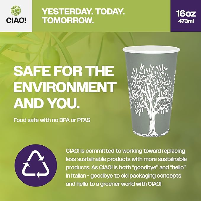 CIAO! 16oz Paper Hot Cup, Rooted Olive Print, (Case of 1,000)