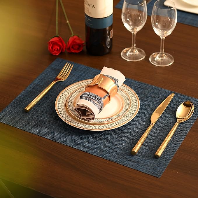 SLKQG Navy Blue Placemats Set of 8 - Easy Clean Washable Vinyl Placemats - Wipeable Heat Resistant Table Mats for Dining Table - 17x12 Inch (Navy Blue, 8)