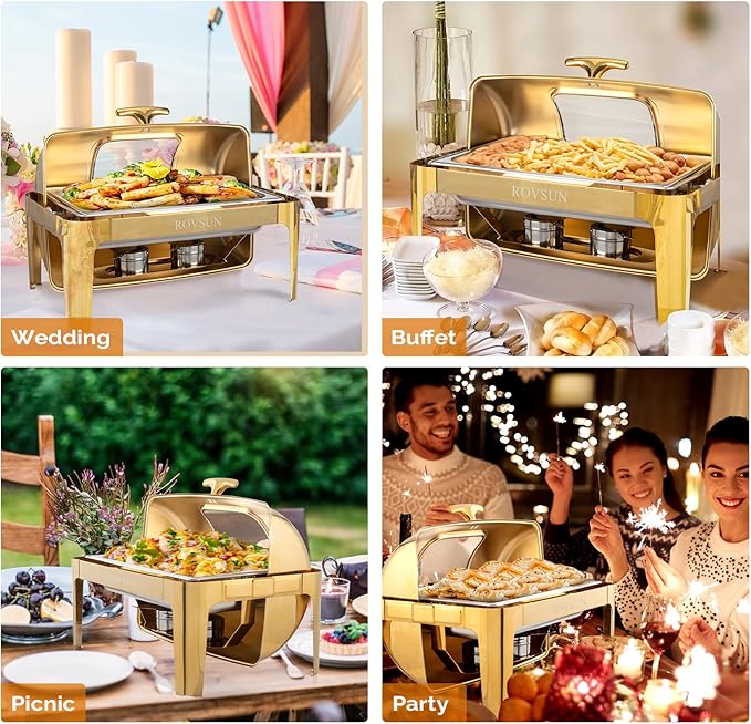 ROVSUN 9QT Chafing Dishes for Buffet 2 Pack, Roll Top Chafing Dish Buffet Set, Stainless Steel Buffet Warmer Chafers and Buffet Warmers Sets with Glass Window for Catering Parties Weddings, Gold