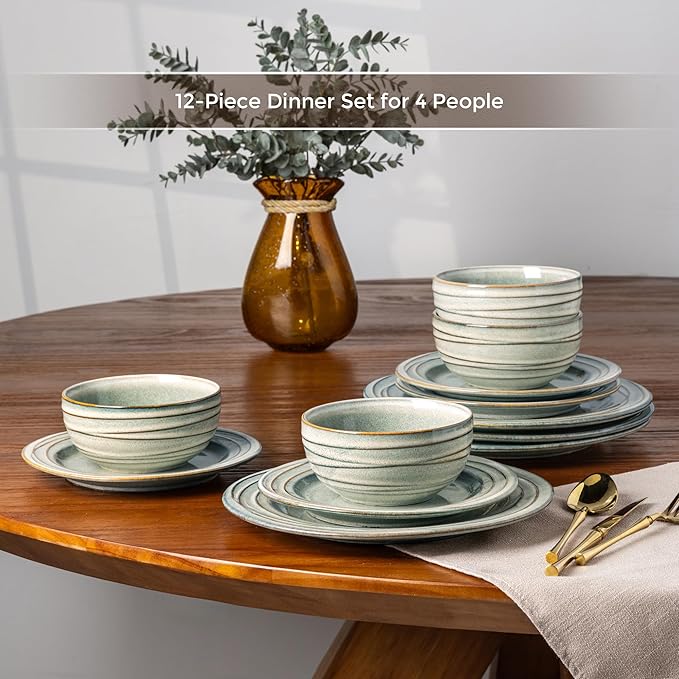 GBHOME Ceramic Dinnerware Sets,12 pcs Embossed Elegant Stoneware Plates and Bowls Sets, Housewarming Wedding Gift | Dishwasher & Microwave Safe | Dishes Set Service for 4,Desert Sage