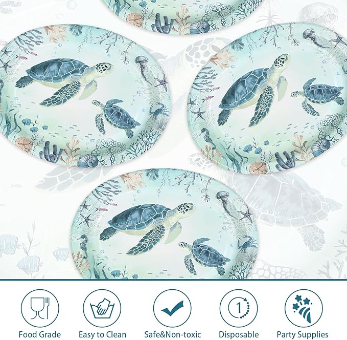 50Pcs Coastal Turtle Oval Paper Plates 10" X 12" Large Disposable Heavy Duty Ocean Blue Sea Turtles Paper Platters Sea Coral Starfish Plates for Holiday Summer Birthday Party Supplies