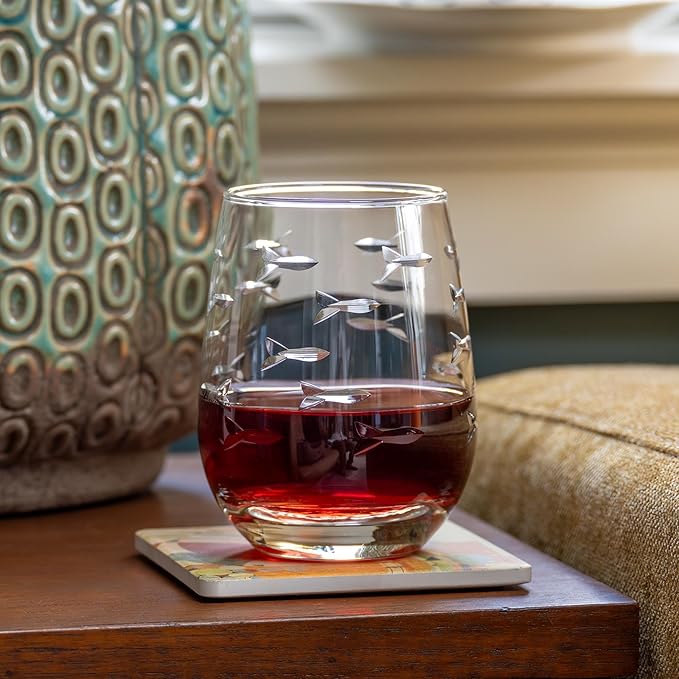Rolf Glass School of Fish Clear Stemless Wine Glass | Set of 4 Stemless Glasses | 15oz Glass Tumblers | Engraved Lead-Free Coastal Glassware | Made in the USA