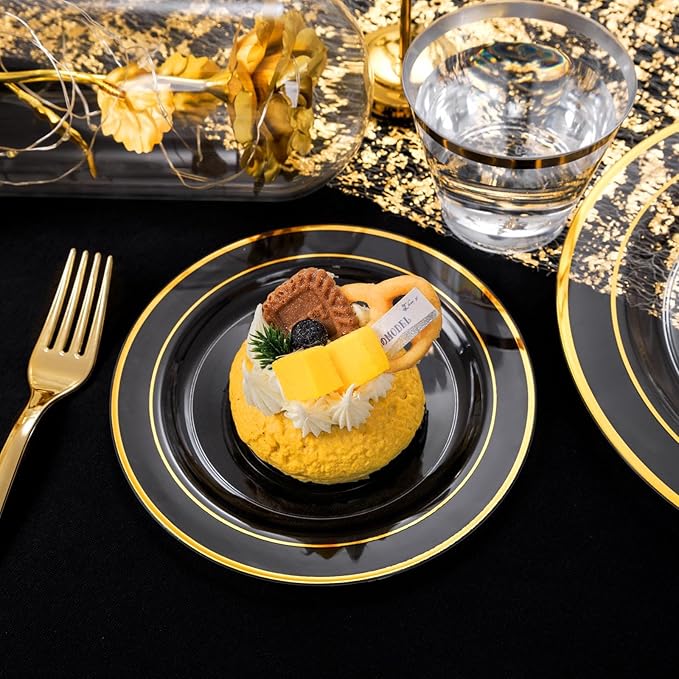 WELLIFE 600pc Gold Trim Plastic Dinnerware Set for Party: 100 Dinner Plates, 100 Dessert Plates, 300 Cutlery, 100 cups