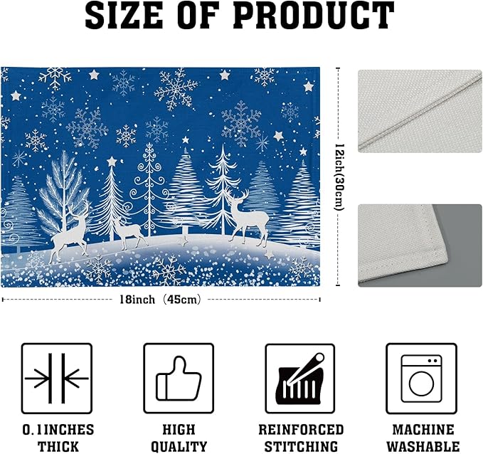 Xmas Placemats Set of 4 - Winter Navy Blue Place Mats 12x18 Table Mats White Forest Snowflake Reindeer Kitchen Mats for Party Dining Table