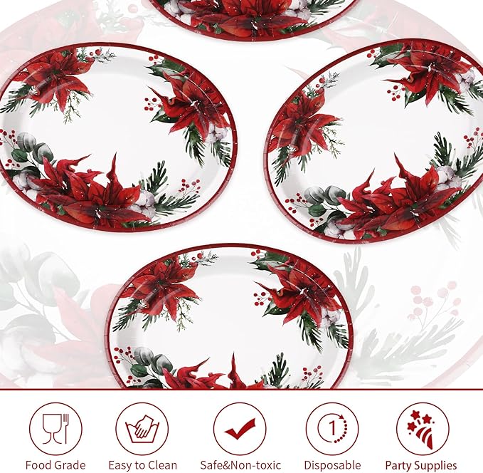 50 Pcs Christmas Oval Plates 10" x 12" Large Disposable 400 GSM Heavy Duty Red Poinsettia Floral Paper Dessert Plates Christmas Birthday Party Decorations for Festive Xmas Theme Dinner Party Supplies