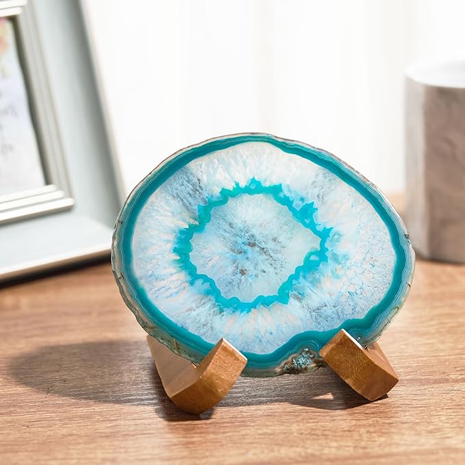 Luxury Lane Large Natural Brazilian Agate Slice Geode Rock Stone Drink Coaster with Wood Holder 4.7-5.5 inch Centerpiece Table Decoration, Teal