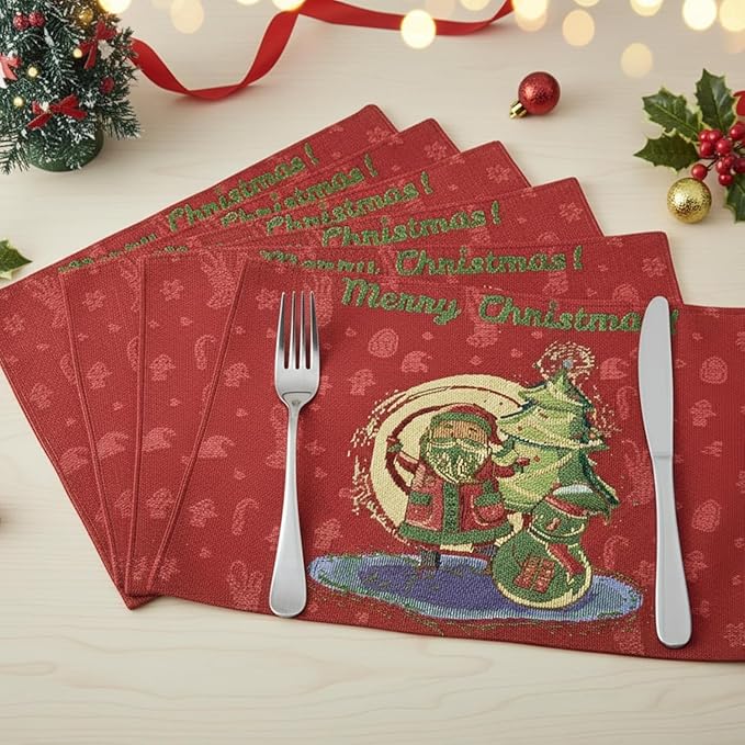 DaDalogy Red Merry Christmas Santa Claus Placemats Set of 4 Festive Winter Holiday Tapestry - Cotton Linen Wove Dining Room Table Mats - 13” x 19” (17615)