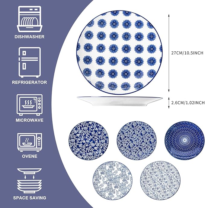 Ceramic Dinner Plates Set - 10.5 Inch Large Kitchen Porcelain Salad Serving Plate for Pasta Steak Pizza Pancakes - Scratch Resistant Dishwasher Oven Microwave Safe - Set of 6 - Vintage Blue