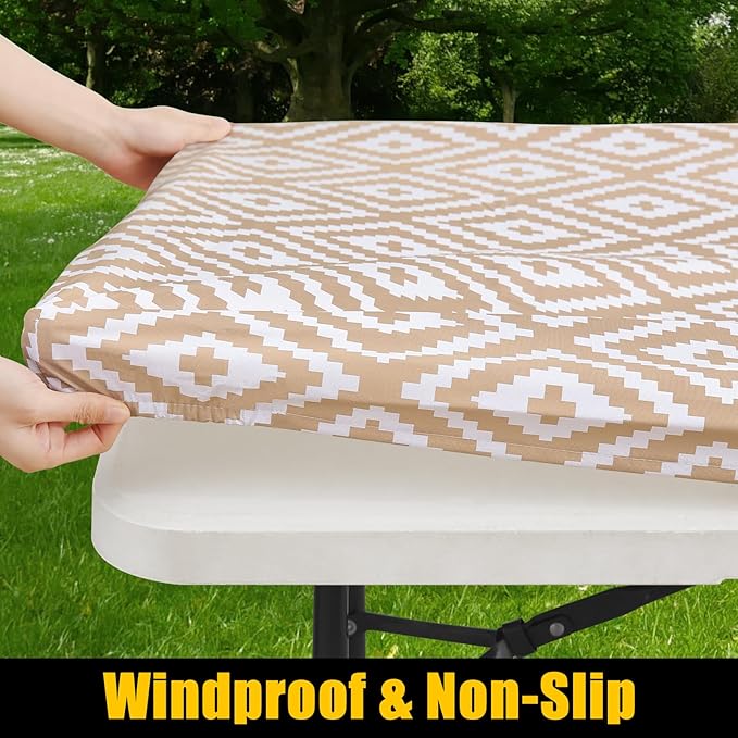 Smiry Rectangle Table Cloth Cover, Waterproof Elastic Fitted Picnic Tablecloth for 6 Foot Tables, Wipeable Flannel Backed Vinyl Tablecloths for Camping, Dining, Outdoor (Khaki, 30" x 72")