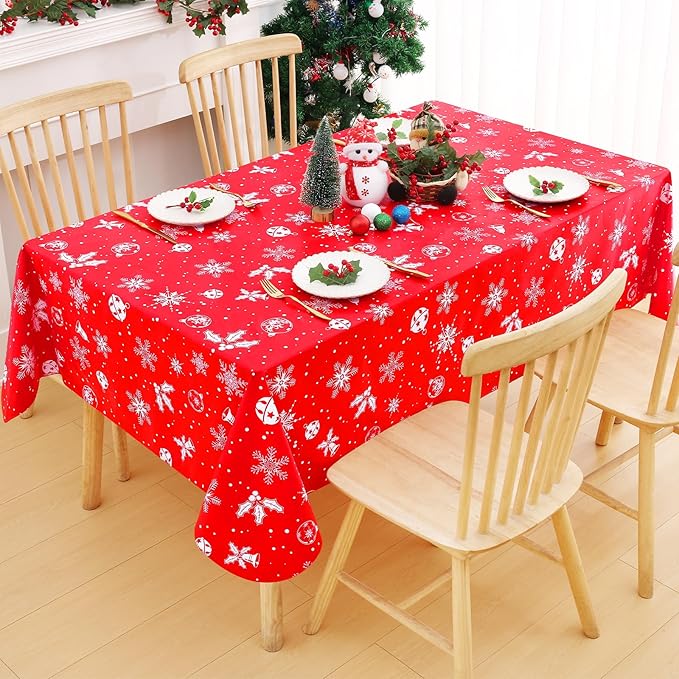 Smiry Christmas Rectangle Table Cloth, Waterproof Vinyl Tablecloth with Flannel Backing, Wipeable Bell & Snowflake Plastic Tablecloths for Christmas Table Decorations, (52"x70", White & Red)