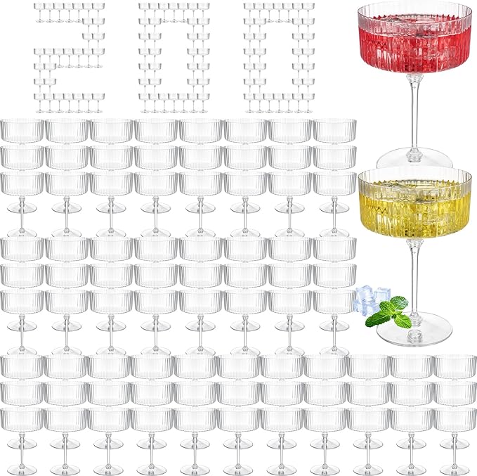 200 Pcs Ribbed Martini Glasses 10 oz Disposable Plastic Vintage Ribbed Coupe Glasses Unbreakable Dessert Parfait Glassware for Wedding Birthday Party Supplies (Clear)