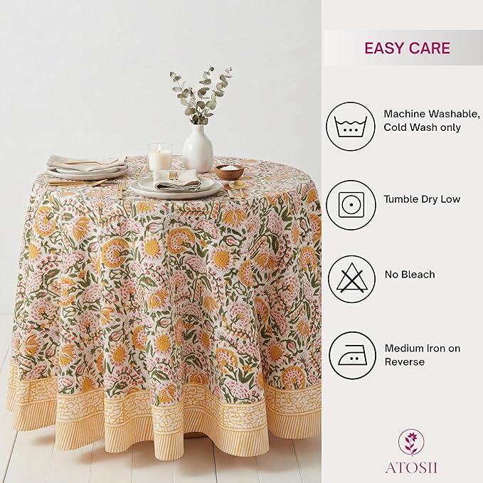 ATOSII Clover Yellow 100% Cotton Round Tablecloth, Handblock Print Floral Table Cloth for Kitchen Dining Linen I Parties, Weddings, Outdoors, Christmas, Thanksgiving I Fall Home Decor 60" Inches Round