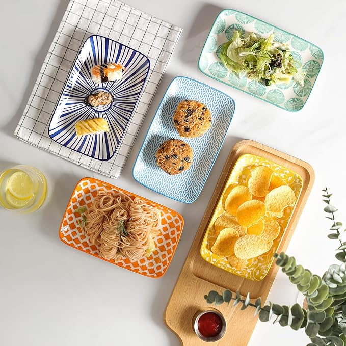 Selamica Ceramic 8 inch Rectangular Salad Plates, Dinner Plates, Pasta Dessert Plates for Appetizer, Sushi, Fruit - Microwave/oven/Dishwasher Safe, Set of 6, Assorted Colors