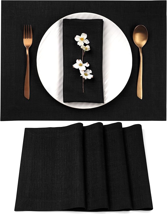 D'Moksha Homes Linen Black Placemats Set of 4-100% Pure Linen Placemats 14 x 19 Inch for Spring, Easter - Handcrafted and Machine Washable