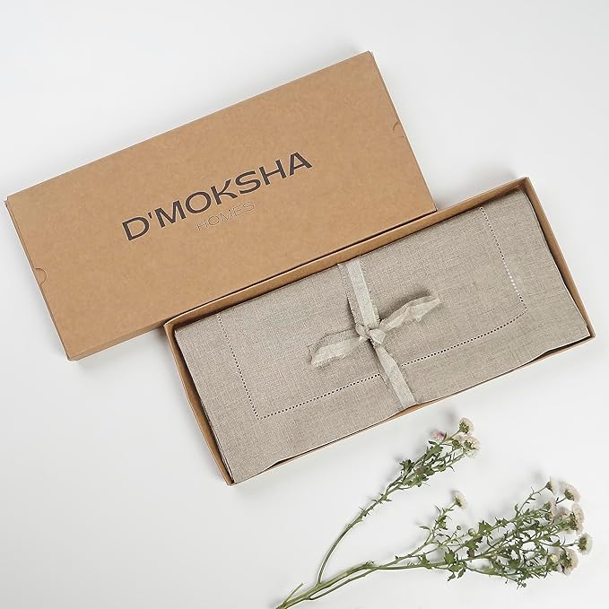 D'Moksha Homes Linen Natural Table Runner 72 Inches Long - 100% Pure Linen Hemstitch Table Runner 14 x 72 Inch for Dresser, Dining, Valentines, Spring, Easter - Classic Hemstitch