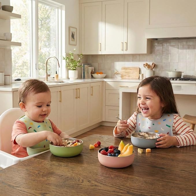 Monkey Proof™ Non-Toxic Stainless Steel Child Bowl 5” with Non-Slip Silicone Shell, Multi-color, (Set of 4 bowls) Unbreakable, Mess Free Feeding for Babies, Toddlers, Kids, BPA free