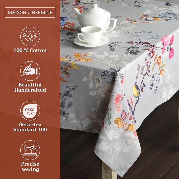 Maison d' Hermine Table Cloth Square Table 100% Cotton 54 x 54 Inches Fall Tablecloth Reusable Everyday Use for Thanksgiving Christmas Decorations Dining Farmhouse Party (Equinoxe - Grey)