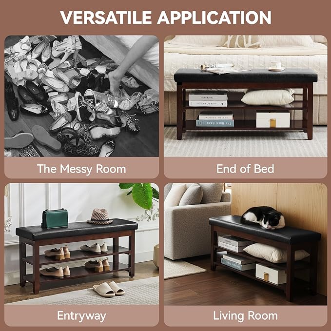 40" Shoe Bench with Leather Cushion, 2-Tier Shoe Rack Entryway Bench, Wood Bench for Front Door Entrance, Mudroom, Hallway, Wooden Shoe Shelves, Shoe Organizer, Shoe Storage, Black