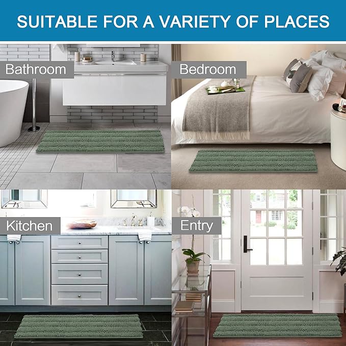 H.VERSAILTEX 2 Piece Bathroom Rugs Bath Mats Sets Super Absorbent Chenille Striped Bath Mats Non Skid Machine Wash Dry Rugs for Bathroom Floor (Green Bay, 47 x 17 Plus 17 x 24 - Inches)