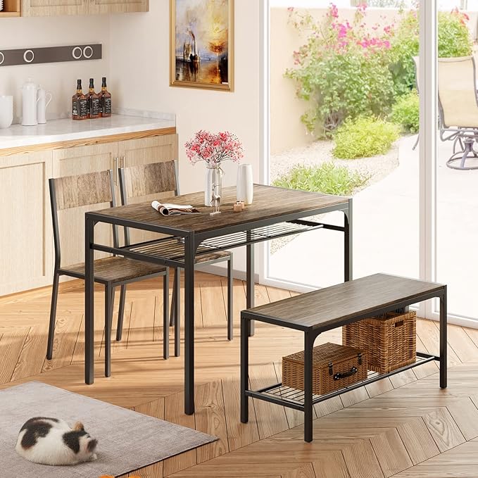 Gizoon Kitchen Table and 2 Chairs for 4 with Bench, 4 Piece Dining Table Set for Small Space, Apartment