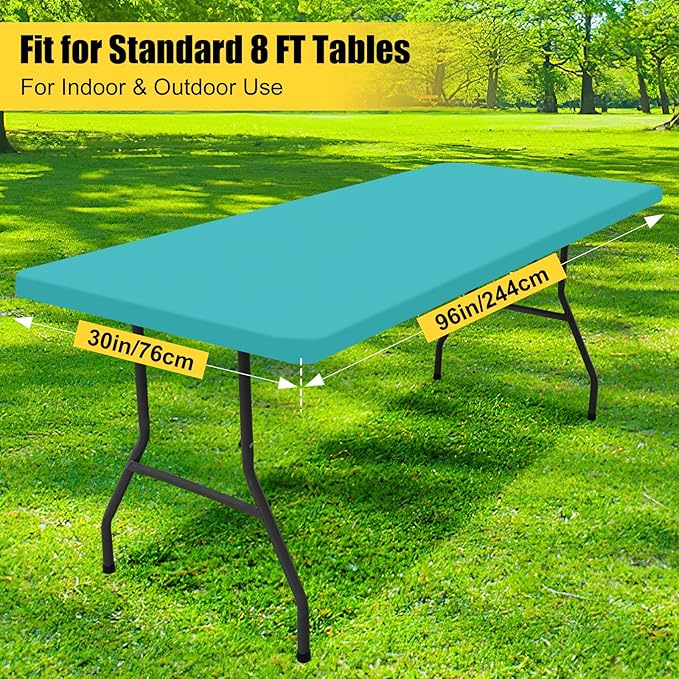 Smiry Rectangle Picnic Table Cloth, Waterproof Elastic Fitted Tablecloths for 8 Foot Tables, Washable Polyester Table Cover for Camping, Indoor and Outdoor (Turquoise, 30"x96")