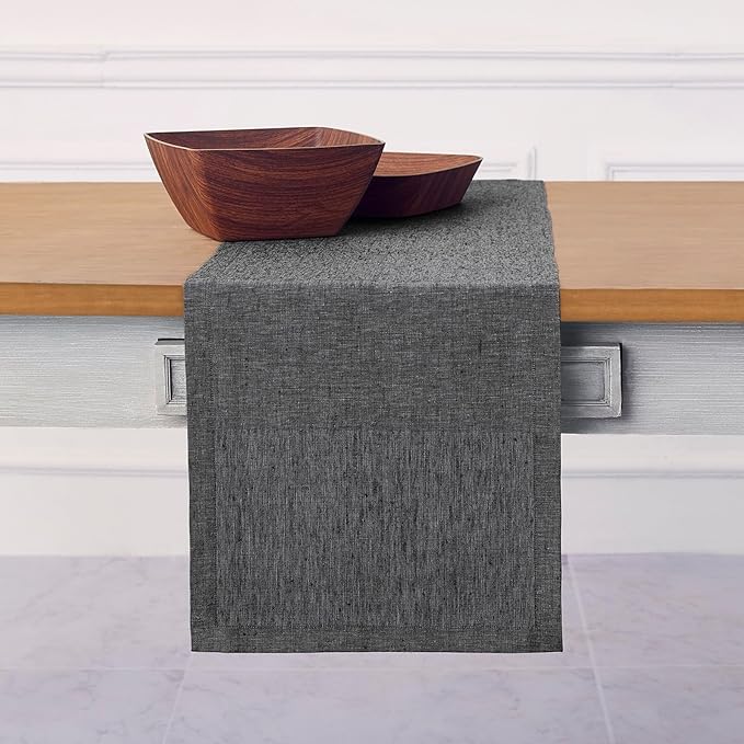 Solino Home Linen Table Runner 132 Inches Long - Athena, 100% Pure Linen Charcoal Grey 14 x 132 Inch Table Runner for Dining, Winter