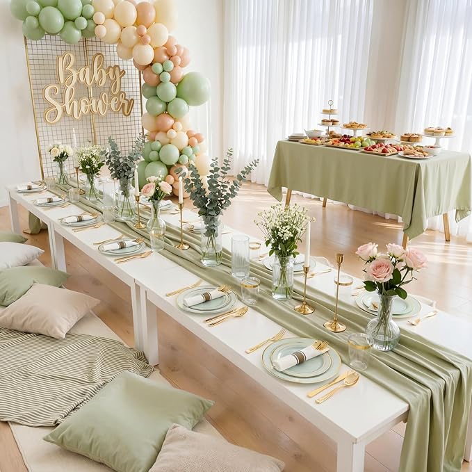 175PCS Sage Green Plastic Plates - Heavy Duty Green Plates Disposable - 25Guests Plastic Dinnerware with Rolled Napkins for Spring/Birthday/Baby Shower/Easter