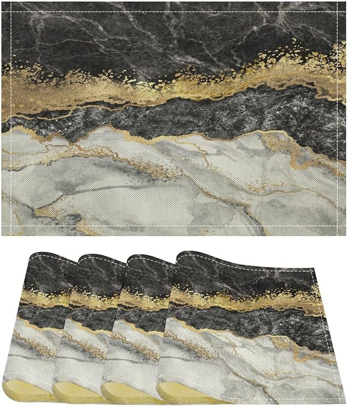Marble Linen Place Mats Set of 4, 12x17 Inch Modern Luxury Texture Black Grey Gold Marble Washable Fabric Non-Slip Placemats for Home Dining Table Banquets Party Kitchen Decoration