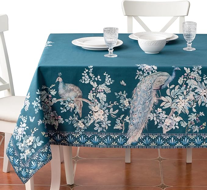 Maison d' Hermine Premium Table Cloth Rectangle Table 100% Combed Cotton 90 x 70 Inches Tablecloth Reusable Decorative for Dining Room, Farmhouse, Party, Festive & Wedding - Peacock Utopia - Deep Sea