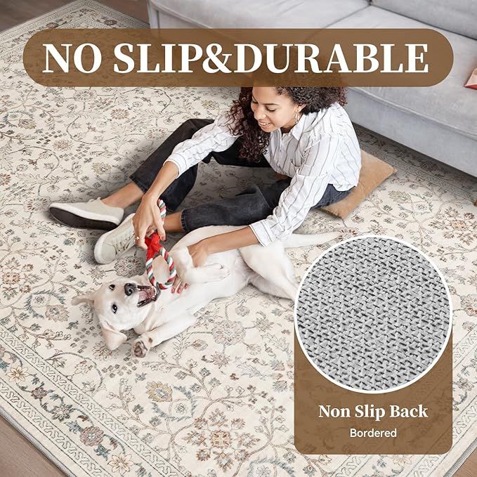 MontVoo-Vintage Area Rug 3x5 Beige Rugs for Living Room-Soft Distressed Printed Rugs for Bedroom-Non Slip Carpet-Machine Washable Rug for Dining Room Living Room Bedside Office