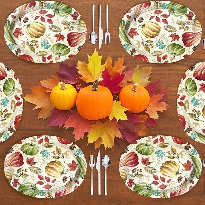 50 Pcs Fall Oval Paper Plates 10" x 12" Large Vintage Red Green Pumpkin Plates Disposable Heavy Duty Thanksgiving Platter for Fall Thanksgiving Party Decoration Holiday Harvest Festival Party Supplies