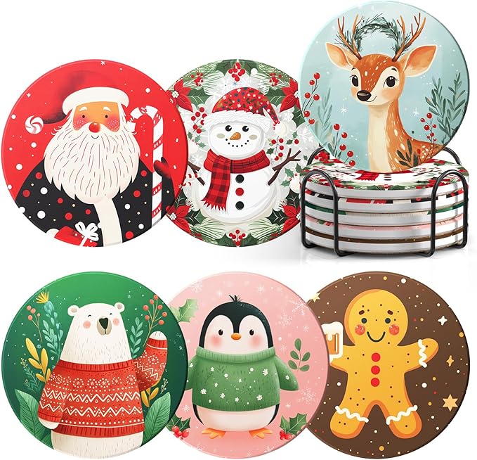 Christmas Coasters with Metal Holder Vintage Santa Drink Coasters Coasters Round Absorbent Ceramic Stone Coaster for Home Kitchen Table Decor Set of 6