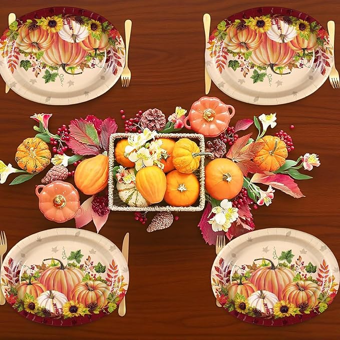 Grencian 50Pcs Fall Oval Paper Plates 10" x 12" Large Disposable Heavy Duty Pumpkin Plates Thanksgiving Pumpkin Sunflower Paper Platters for Thanksgiving Fall Harvest Holiday Decorations