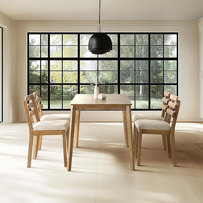 4-Piece Farmhouse Dining Set, Wooden Table with 2 Chairs, Bench Seat, Mid-Century Modern Wooden Table & Upholstered Chair Set for Home, Kitchen, Dining Room, Solidwood Legs