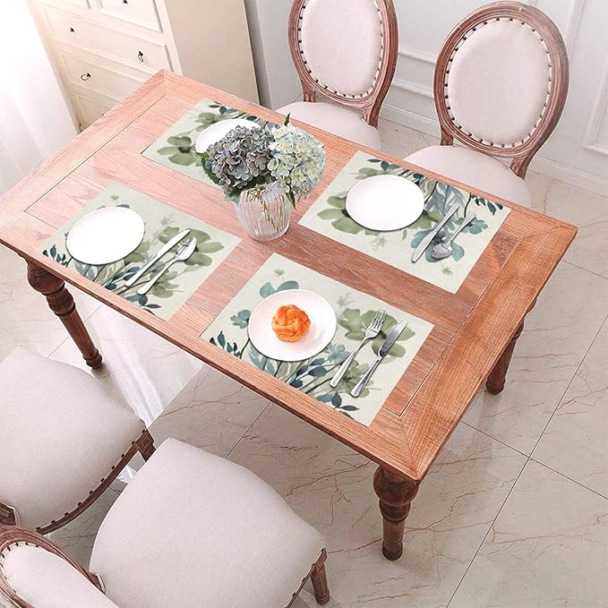Spring Floral Placemats 12x18 Inches Set of 4,Watercolor Blue Green Flower Decorative Rectangle Summer Decor Floral Decoration Table Mats for Party, Home Kitchen,Dining Table Decoration