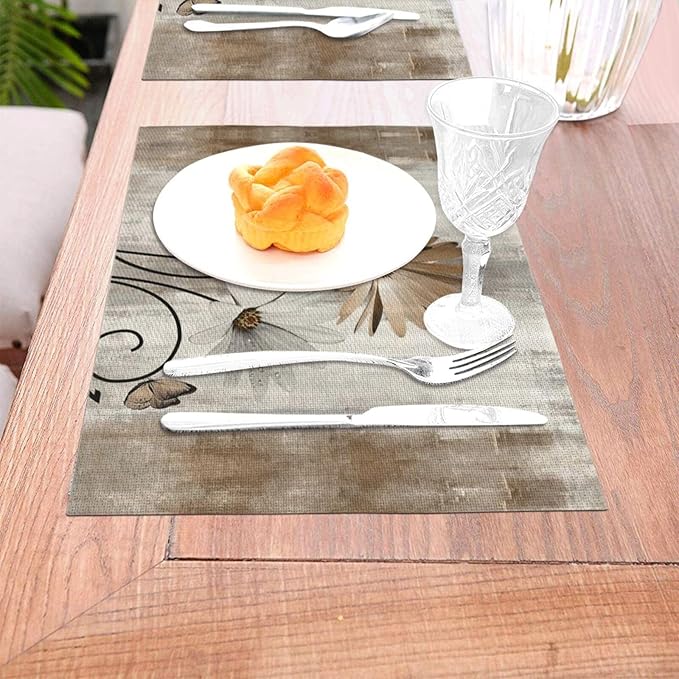 Floral Place mats Set of 4, 12x18 Inches Rustic Brown Daisy Flower Decorative Placemats Rectangle Floral Table Mats for Party Home Kitchen Dining Table Decoration