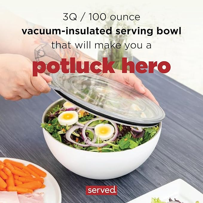 served Large Insulated Serving Bowl with Lid (100oz/3QT) - Double-Walled Stainless Steel Bowl for Hot & Cold Food - Vacuum Insulated, Spill-Resistant Thermal Bowl for Parties, Casseroles, Tailgates