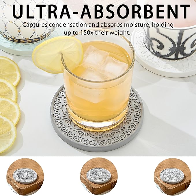 Absorbent Stone Coasters Set of 4 – Edged, Grooved, Quick-Drying Natural Diatomaceous Earth - Decor Drink Coaster for Tabletop Protection - Thirsty Stone Round 4 Inches in 4 Colors – Gift