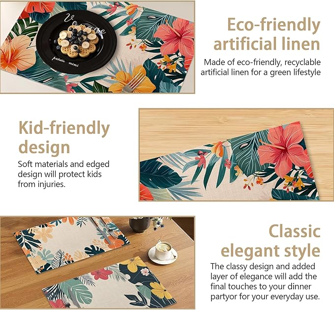 Tropical Floral 12x18 Inch Placemats Set of 6 - Orange Waterproof, Non-Slip & Washable Table Mats for Kitchen & Dining Table Placemats