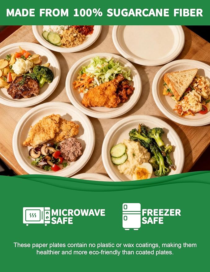 100% Compostable 10 Inch Large Paper Plates [100 Pack Bulk] - Heavy Duty & Leak-Resistant Disposable Plates Made of Sugarcane Bagasse | Perfect for Dinner, Catering, Parties, Wedding & Birthday