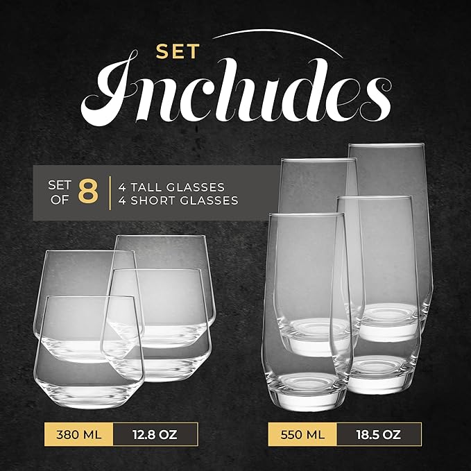 Short & Tall Drinking Glasses Set of 8 - 4 Tall Water Glasses and 4 Short Small Glass Cups Set - Elegant Glass Drinkware - Deluxe Glassware Sets for Highball Sparkling Cocktails, Wine, Beer, Whiskey