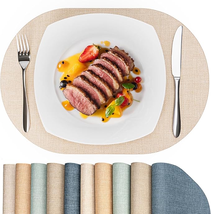 Oval Placemats for Dining Table Set of 4, Washable Leather Table Mats, Waterproof Heat-Resistant Non-Slip Kitchen Placemats, Simple Style Oval Design