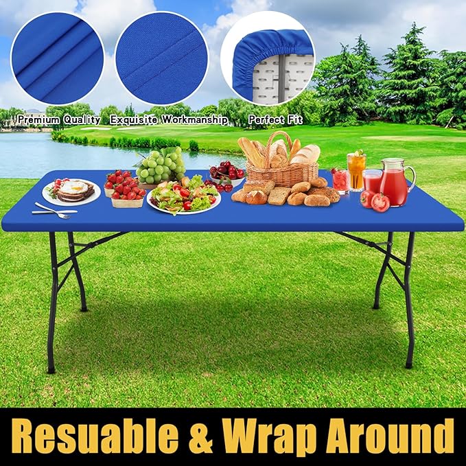 Smiry Rectangle Picnic Table Cloth, Waterproof Elastic Fitted Tablecloths for 6 Foot Tables, Washable Polyester Table Cover for Camping, Indoor and Outdoor (Blue, 36"x72")