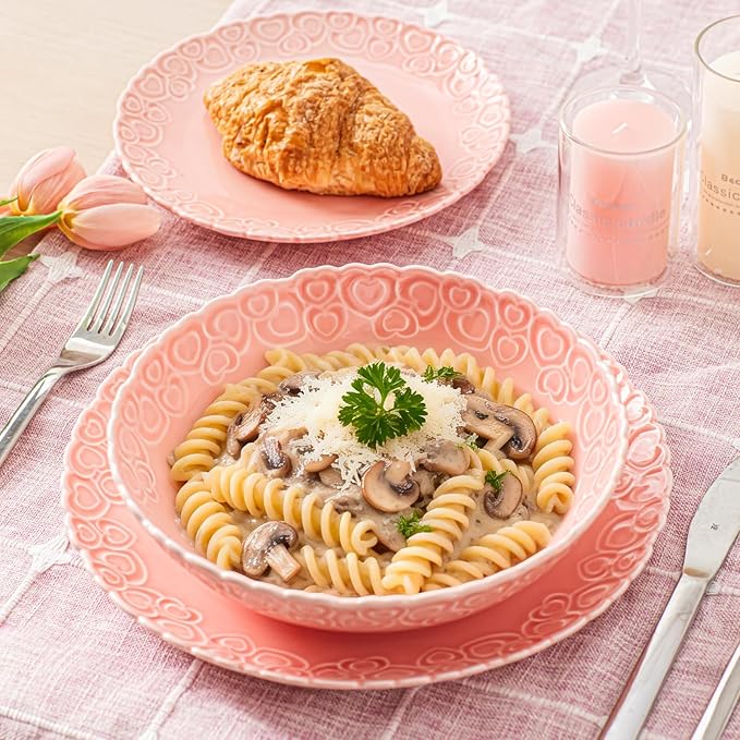 HOMBENE Heartbeat Pasta Bowls Set of 4, 28oz Salad Bowls Soup Bowl for Kitchen, Porcelain Wide and Shallow, Noodle, Soup, Pasta,Dinner, Microwave & Dishwasher Safe (Dreamy Sakura Pink)