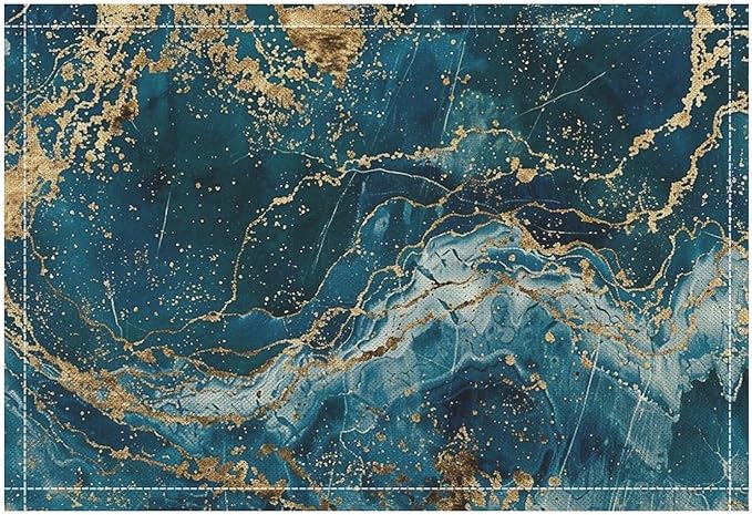 Marble Linen Placemats Set of 4 Modern Abstract Foil Stone Texture Royal Blue Gold Marble Washable Place Mats, Non Slip Placemat for Home Party Dining Tables Wedding Kitchen Banquets Decor 12x17 Inch